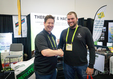 Serious business being done here! This year has been an exciting one for Theriault & Hachet as their new fabric opened. Big smiles from Jody Williston, In the photo with Trevor van der Zalm, European Planters.