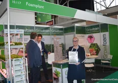 Marjolein Venhuizen posing for a photo of the Foamplant booth. Recently CEO Martin Tietema of the company told about their latest developments. https://www.hortidaily.com/article/9111999/growing-even-more-precise-with-a-custom-made-foam-substrate/